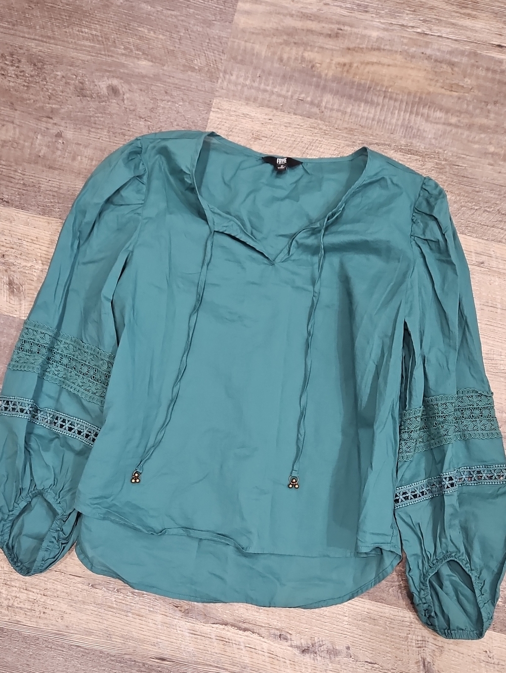 Frye Teal Boho Blouse W Lace Accent Size M Hippie Southwestern Gypsy, EUC